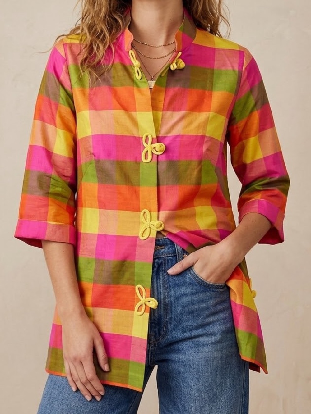 Vintage 60s Plaid Raw Silk Cheongsam Mandarin Collar Tunic Top Frog Closure - Picture 14 of 14